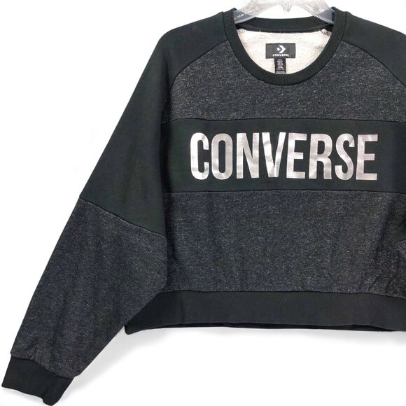 Converse Women’s XL Black Gray Metallic Logo Sweatshirt Fleece Lined Pullover - Picture 6 of 11